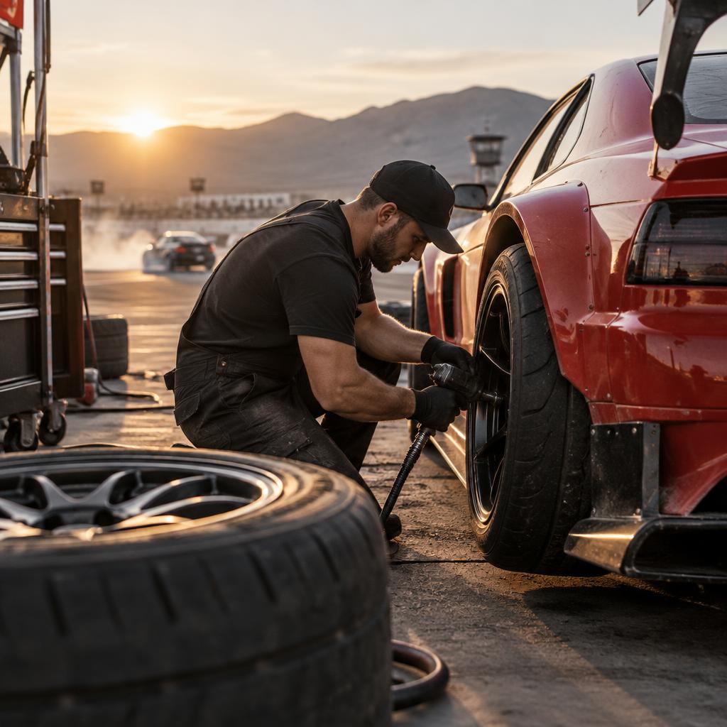 Pit crew mechanic changing a tire on a track car