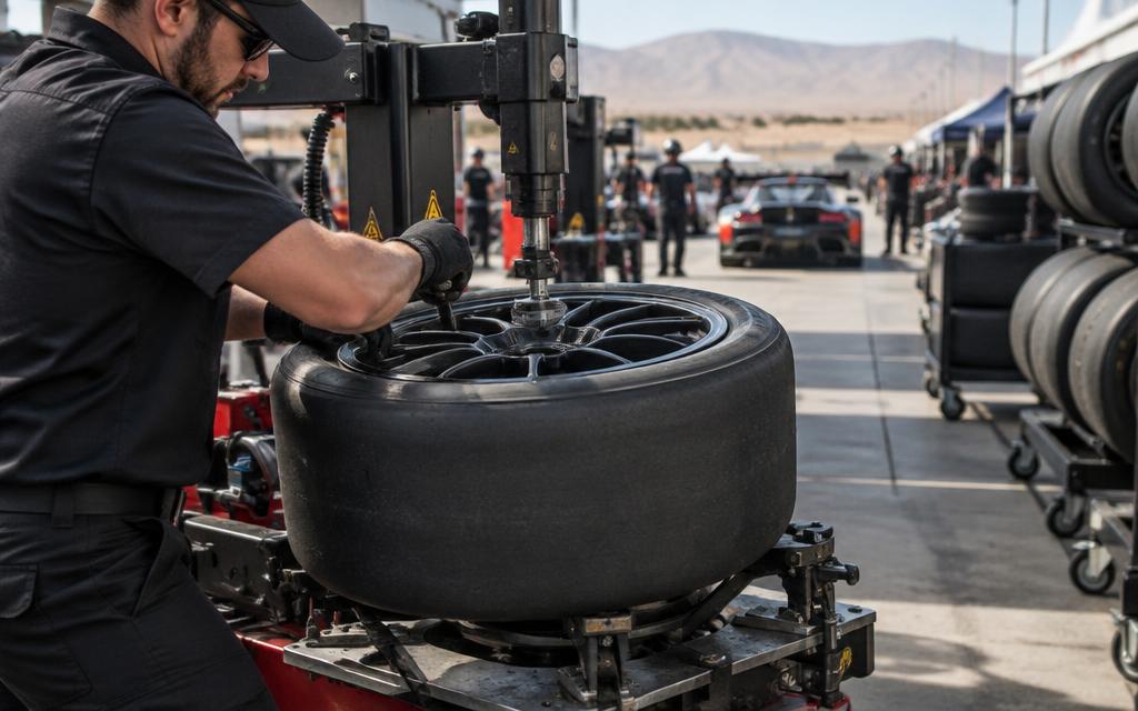 On-site tire changing machine at a desert speedway